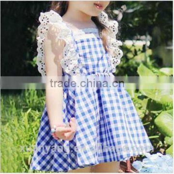 New Arrival Children Clothes Lace Trim Bule Plaid Kids Clothing Wholesale 100%cotton Baby Nice Dress photo-3