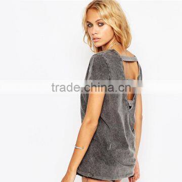 Girls Deep Grey v Neck Vintage Washed t Shirts, Short Sleeve Vintage Washed t Shirts photo-2