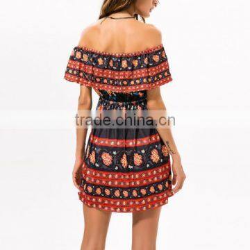 Backless off Shoulder Printed Reddish Orange Pictures Latest Women Fashion Sex Dress photo-5