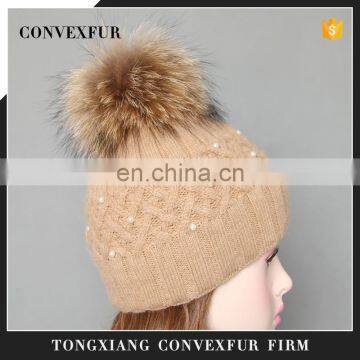 Super natural color raccoon fur pom pom hats with pearls for ladies