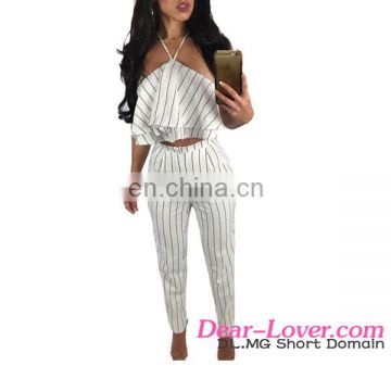 Wholesale Fashion Beautiful White Striped Ruffle Top And Girls Hot Pant Set