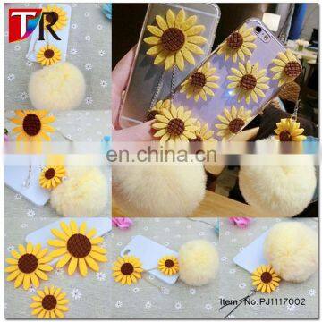 Cute Artficial Sunflower DIY Mobile Phone Jewelry Rabbit Fur Ball Cell Phone Charm Strap