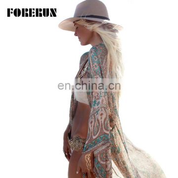 Bohemian Beach Blouses Women Loose Floral Printed Chiffon Kimono Cardigan Maxi Boho Seaside Holiday Tops Beachwear