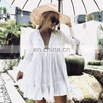 Loose Beach Dress Women White Beach Cover Up Women Bikini Cover Up Flare Sleeve Bohemian Bathing Suit Sundress Ruffle Hem Dress