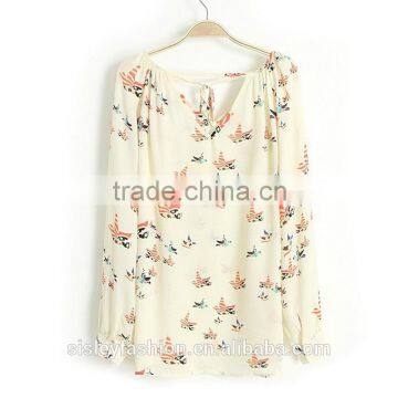 Women floral V neck chiffon blouse European casual shirt long sleeve B031