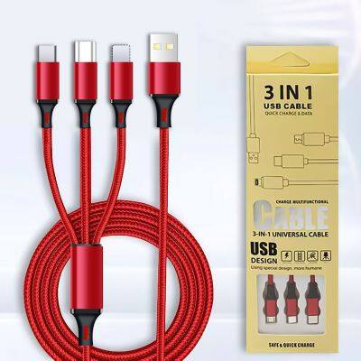 Nylon Woven Data Cable 2A Fast Charging Three-in-one Mobile Phone Charging Cable photo-2