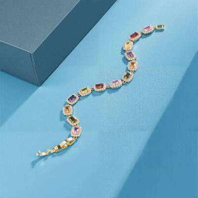 Beautiful Multi Shape Colorful Cubic Zirconia Link Chain Bracelets for Women Adjustable Trendy Hand Jewelry photo-5