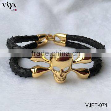 2016 Latest Leather Bracelet 100% Genuine Python Skin Bracelet Stainless Steel Skull Bracelet