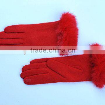 Elegant and stylish thin red wool glove with fur decoration