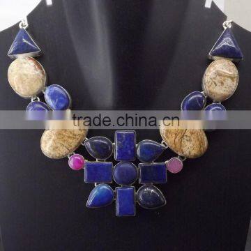 Lapis Lazuli, Picture Jasper, Lace Agate And Druzy Necklace plated 925 Sterling Silver 88 Gms 18-20 Inches