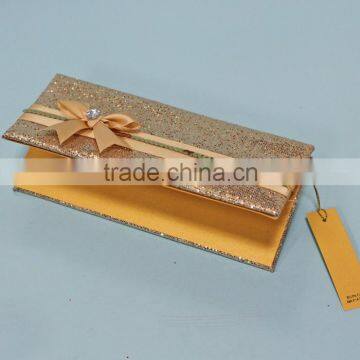 Hot Sale Attractive Golden Hardcover Folded Wedding Invitations With Paillette Ribbons Bowkont & Crystal Decoration Quality Choice photo-3