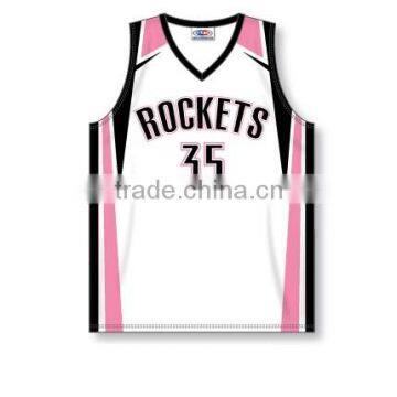 100% Polyester Custom Sublimated V-Neck White/Pink Rockets Pro Cut Basketball Jersey / Shirt