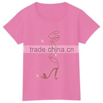 Red High Heels Short Sleeves Rhinestone Girls Soft Cotton Plain Tshirts photo-5