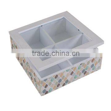 hot-sale leaf color MDF tea box with glass cover and 4 compartments