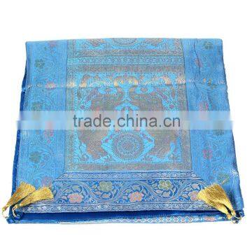 Elephant Design Sky Blue Color Indian Silk Rectangel Table Runner