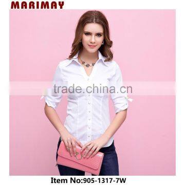 Bulk sale office uniform design v neck lady white shirt