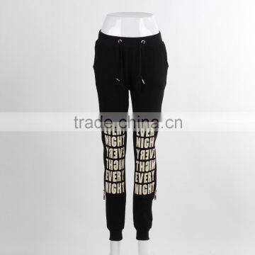 F5W30144 2016 New Design Black Side Zip Letter Print Joggers Pants For Women