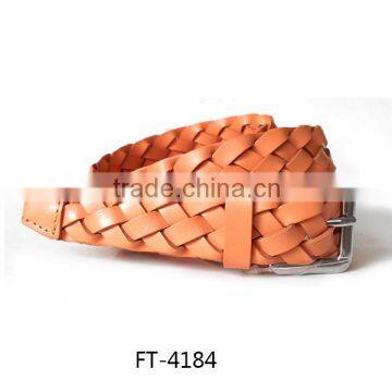 Tan thin braided pin buckle pu leather belt for woman dress