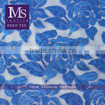 Applique blue rose embroidery tulle lace fabric chemical mesh guipure dress fabric