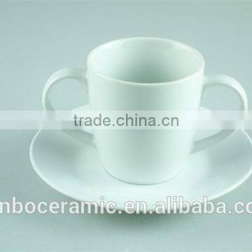 White porcelain cup saucer double handles , stock cups chaozhou factory Sanbo