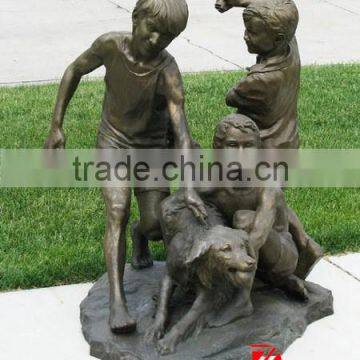 outdoor boys playing dog bronze sculptures