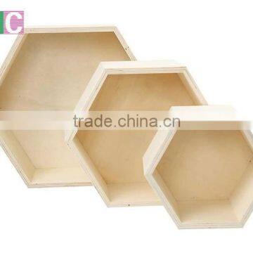 hexagon sharped natural wall hanging wooden shadow box