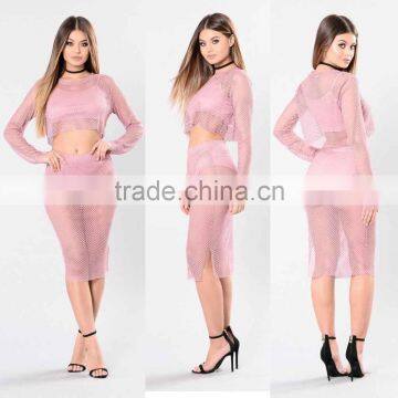 Custom Matching Clothes Long Sleeve Full Mesh Top And Pencil Skirts Suits pictures of long skirts and tops