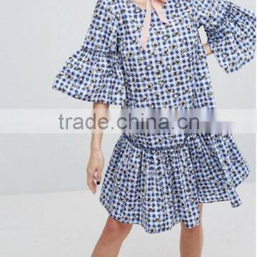 Wholesale Blue Pure cotton Gingham floral print Round neck Ruffle sleeves Cut-out back Smock style Dress