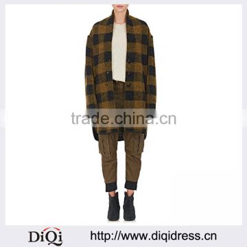 Customized Lady Apparel Double-welt Side Pockets Checked Wool-blend Coat(DQM039C)