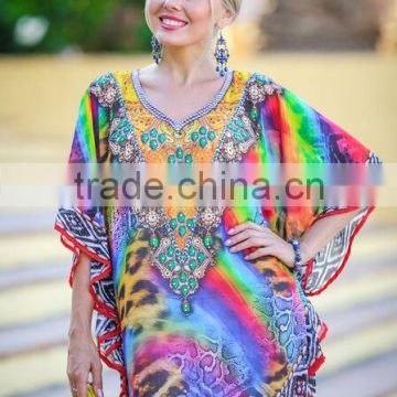 Multicolor digital print crystal embellished lace up kaftan CAFTAN tunic poncho blouse