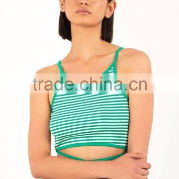 MGOO Wholesale Custom Low Cut Sweater Crop Top Green Stripe Back Up Lace Tank Top Women Fitness