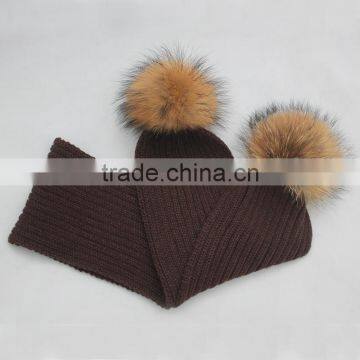 Myfur Kids Ribbed Knitting Scarf With Removable Raccoon Fur Pompoms photo-2