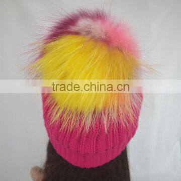Myfur Rose Color Girls Winter Wool Hat With Removable Raccoon Fur Pom Pom photo-3