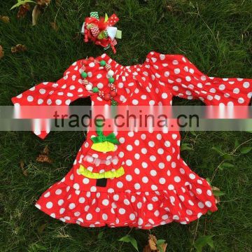 baby girls Christmas red white polka dot christmas tree dress with matching hair bows and chunky necklace set