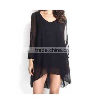 hot sale black loose dress v neck chiffon dress long sleeve fashion dress women dress