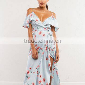 Mature Women Floral Wrap Dresses 2018 Cold Shoulder Frill Maxi Dress photo-5