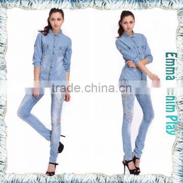 Soft Smooth Breathable Light Blue Color Fade Protected Enzyme Bleaching Washed Combed Cotton Lady's Denim Long Sleeve Shirts photo-2