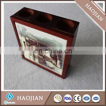 3 Round Holes Wooden Pen Holder Fancy Pen Holder Desktop Pen Holder With Ceramic Tile