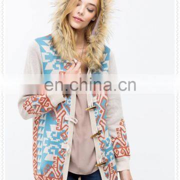 Glamour Women Clothes Geo Printed Fur Trim Sweater Cardigan With Fur Trimmed Hoodie photo-5