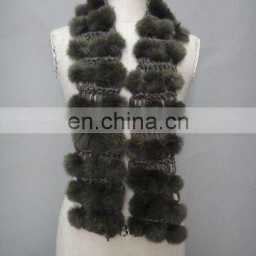 Hand Crochet Iceland Yarn Scarf With Rabbit Fur Balls Trim Stylish Scarf For Lady(Style: #B230)