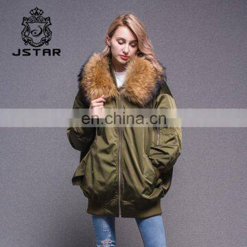 Best warm bomber down jacket with raccoon fur collar