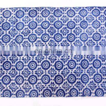 Indian Beautiful Indigo Blue Cotton Block Print Accent Area Dhurrie Rug Woven Weave