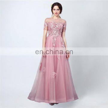 Modern Popular Appliqued Sweep Train A Line Lace-up Hollow Formal Short Sleeve Custom Made Bateau Evening Dresses