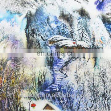 Digital Printed Rayon Fabric with Snow Covered Landscape