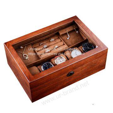 Custom Logo Luxury Retro Design Wooden Pocket Watch Storage Box Lock Wood Glass Watch Boxes Display Cases For Men