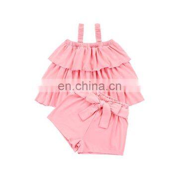 Light Pink Girls Clothing Set 3 Ruffles Suspenders Top Bowknot shorts Set Baby Girls 2 Piece Outfits