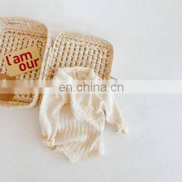 Spring and Autumn Bottoming Female Baby Baby Long-sleeved Knitted Romper Puff Sleeve One-piece Triangle Bag Fart Crawling