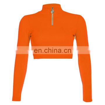 Hot Wholesale Women's Ladies Sexy Long Sleeve Zipper Skinny Thin Crop Top photo-6