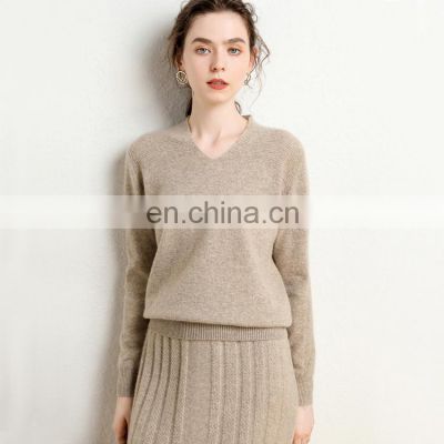 Fashion Cashmere Ribbing Knit V Neck Pullover Sweater for Women