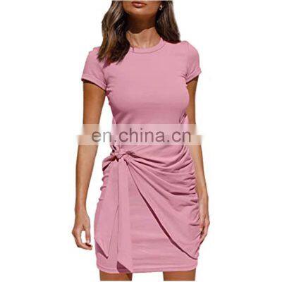 Manufacturers Wholesale Women's Irregular Dress Short Sleeve Round Neck Pleated Bow Belt Slim photo-3